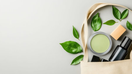 This flat lay features a beige tote bag filled with natural beauty products surrounded by vibrant green leaves, offering ample space for branding or text placement.の素材