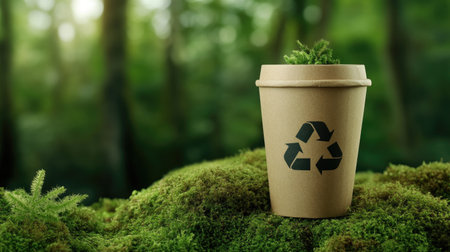 A brown paper coffee cup with a white lid and a green recycling symbol rests on moss in a vibrant forest, surrounded by soft, blurred greenery.の素材