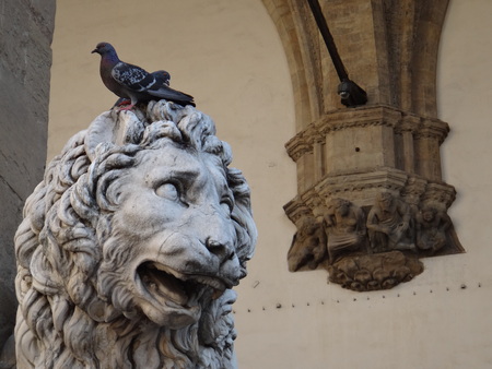 lion statue with birdの写真素材