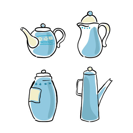 Set of tableware hand-drawn on a white backgroundのイラスト素材