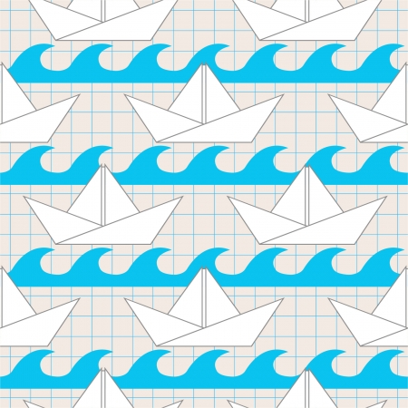 Seamless pattern with paper boats on the wavesのイラスト素材