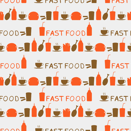 Seamless background of fast food icons and hand drawn textsのイラスト素材