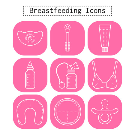 Breastfeeding, motherhood, flat white icons on a pink background for design.のイラスト素材