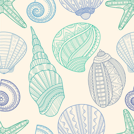 Seamless pattern with marine seashells and starfish. Vector illustrationのイラスト素材