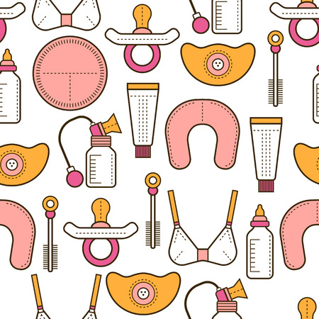 Breastfeeding. Seamless pattern, background with colored flat icons. Motherhood. illustrationのイラスト素材