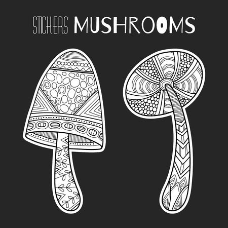 Decorative mushrooms. Black and white stickers isolated on dark background. Object for coloring book. Vector illustrationのイラスト素材