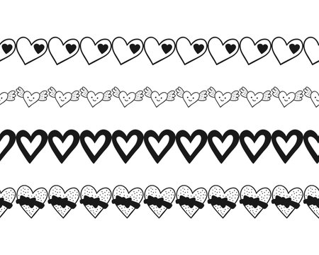 Black and white decorative ornament, pattern, border of hearts. Vector illustrationのイラスト素材