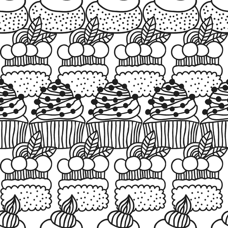 Black and white seamless pattern with cakes for coloring books. Illustration of desserts and pastry.のイラスト素材