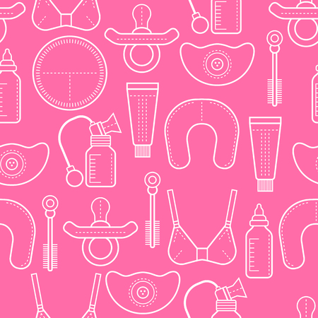 Breastfeeding. Seamless pattern, background with linear flat icons. Motherhood. Vector illustrationのイラスト素材