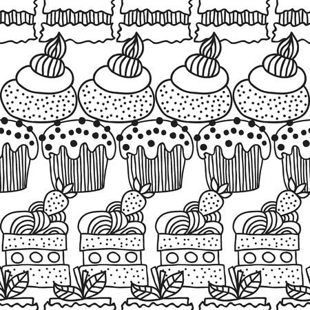 Black and white seamless pattern with cakes for coloring books. Illustration of desserts and pastry.のイラスト素材