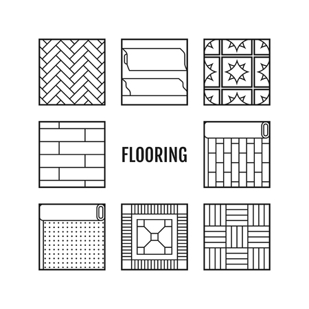 Types of flooring. Flat icons, objects of laminate, parquet, carpets and other building materials. Vector illustrationのイラスト素材