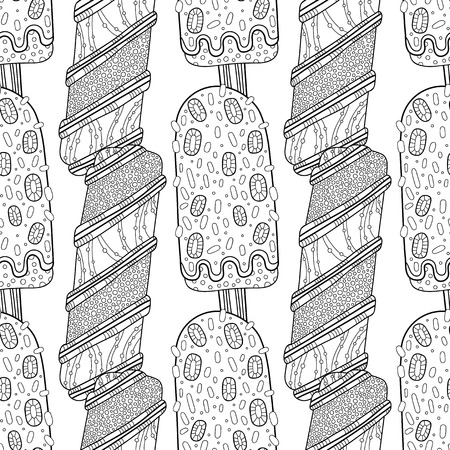 Black and white seamless pattern with decorative ice cream for coloring book. Vector illustrationのイラスト素材