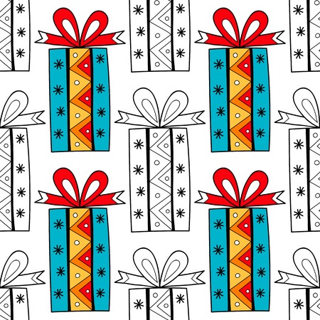 Seamless patterns with gift boxes for coloring book. Festive backgroundのイラスト素材