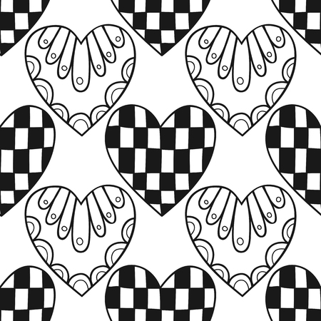 Black and white  pattern with decorative hearts for coloring book, page. Romantic ornament.のイラスト素材