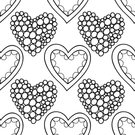 Black and white seamless pattern with decorative hearts for coloring book, page. Romantic ornament. Vector illustrationのイラスト素材