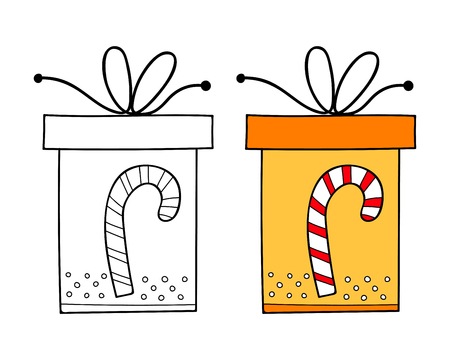 Black and white gift box for coloring book. Packaging, festive illustration.のイラスト素材