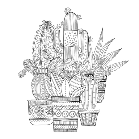 Cacti, succulents. Black and white illustration for coloring books and pages.のイラスト素材
