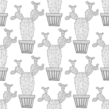 Black and white seamless pattern of ornamental cacti and succulents for coloring books and pagesのイラスト素材