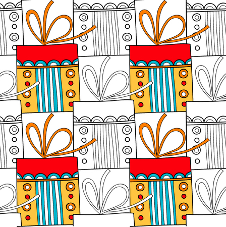 Gift boxes with decors, ornaments for coloring books. Black and white illustration, seamless pattern.のイラスト素材