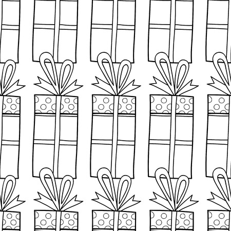 Gift boxes with decors, ornaments for coloring books. Black and white illustration, seamless pattern.のイラスト素材