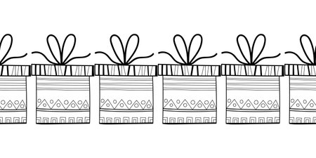 Decorative gift boxes. Black and white illustration for coloring book, page.のイラスト素材