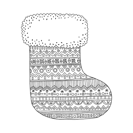 Christmas stocking for gifts. Black and white illustration for coloring pages.のイラスト素材