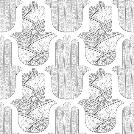 Hamsa hand. Black and white seamless pattern for coloring page. Decorative amulet for good luck and prosperity.のイラスト素材