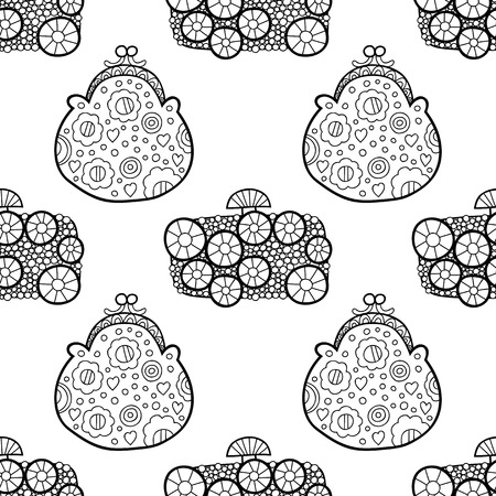 Fashionable handbags. Black and white seamless pattern of bags for coloring book.のイラスト素材