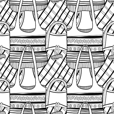 Fashionable handbags. Black and white seamless pattern of bags for coloring book. Vector illustration.のイラスト素材
