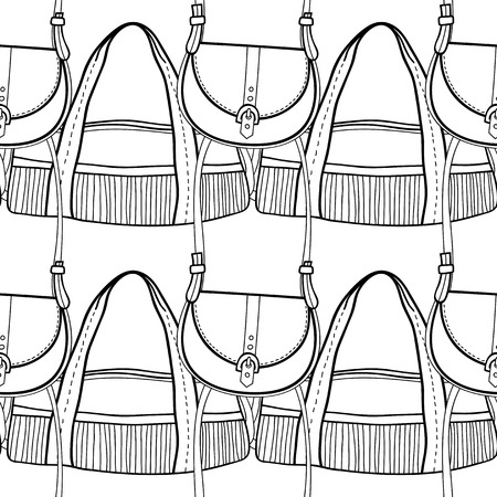 Fashionable handbags. Black and white seamless pattern of bags for coloring book.のイラスト素材