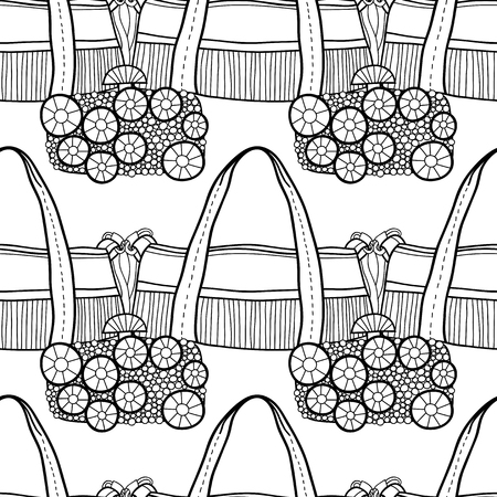 Fashionable handbags. Black and white seamless pattern of bags for coloring book.のイラスト素材