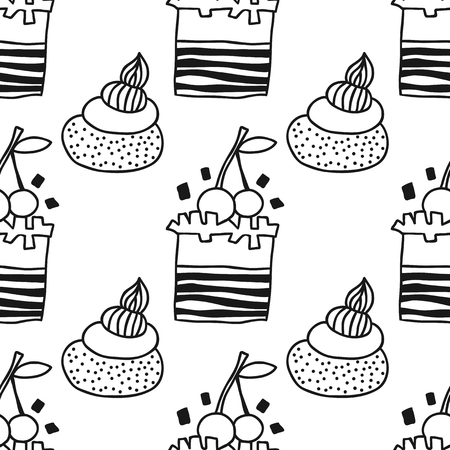 Cakes, sweet dessert. Black and white seamless pattern for coloring book or page.のイラスト素材