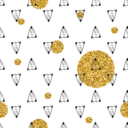 Triangles and golden circles, sequins. Seamless pattern. Geometric, abstract background. Doodle shapes.のイラスト素材