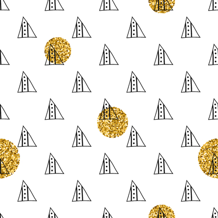 Triangles and golden circles, sequins. Seamless pattern. Geometric, abstract background. Doodle shapes.のイラスト素材