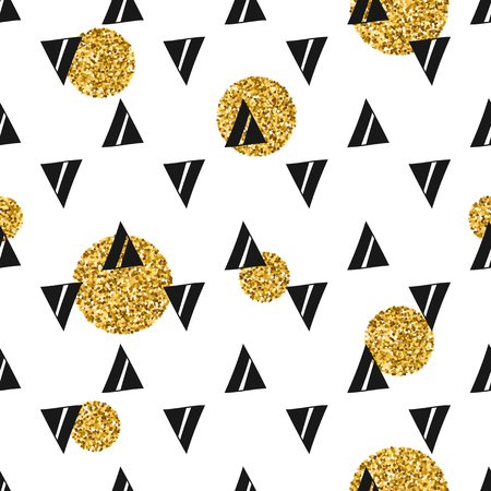 Triangles and golden circles, sequins. Seamless pattern. Geometric, abstract background. Doodle shapes.のイラスト素材