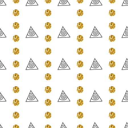 Triangles and golden circles, sequins. Seamless pattern. Geometric, abstract background. Doodle shapes.のイラスト素材