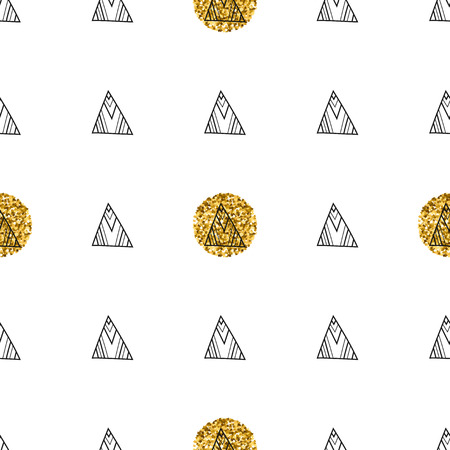 Triangles and golden circles, sequins. Seamless pattern. Geometric, abstract background. Doodle shapes.のイラスト素材
