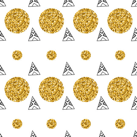 Triangles and golden circles, sequins. Seamless pattern. Geometric, abstract background. Doodle...