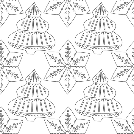 Gingerbread. Black and white illustration for coloring book or page. Christmas and holiday background.のイラスト素材