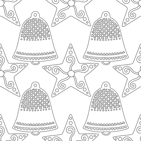 Gingerbread, bells. Black and white illustration for coloring book or page. Christmas and holiday background.のイラスト素材