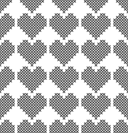 Cross stitch, seamless decorative pattern with hearts. Embroidery and knitting. Abstract geometric background. Ethnic ornaments. Vectorのイラスト素材