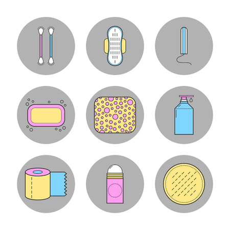 Means of female hygiene. Flat icons. Shower gel, a tampon and a pad. Vector illustrationのイラスト素材