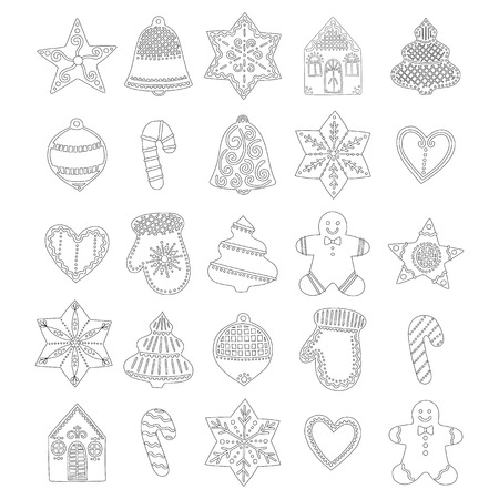 Ginger biscuit. Black and white illustration of sweets and pastries for coloring book or page. Festive, Christmas food. Decorative objects.のイラスト素材