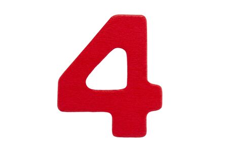 Red wooden number four without shadow isolated on a white background.の写真素材