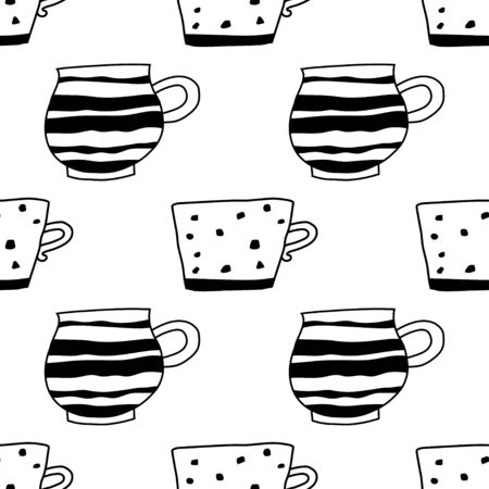 Black and white illustration of tea or coffee mugs. Seamless pattern for coloring book or page.のイラスト素材