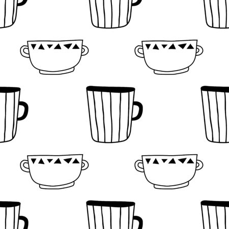 Black and white illustration of tea or coffee mugs. Seamless pattern for coloring book or page.のイラスト素材