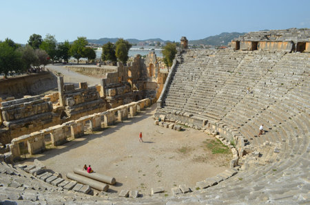 Ancient architecture in Demre. Turkey. Lycian necropolis with tomb carved in rocks in Mira