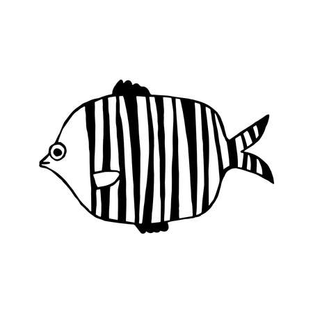 Doodle fish. Black and white illustration isolated.のイラスト素材