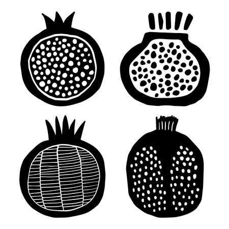 Pomegranates, fruits. Stamp, linocut template isolatedのイラスト素材