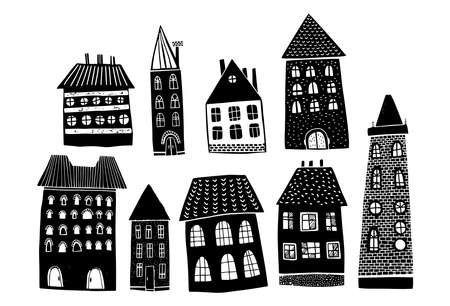 Houses bundle linocut style, black and white illustrationsのイラスト素材